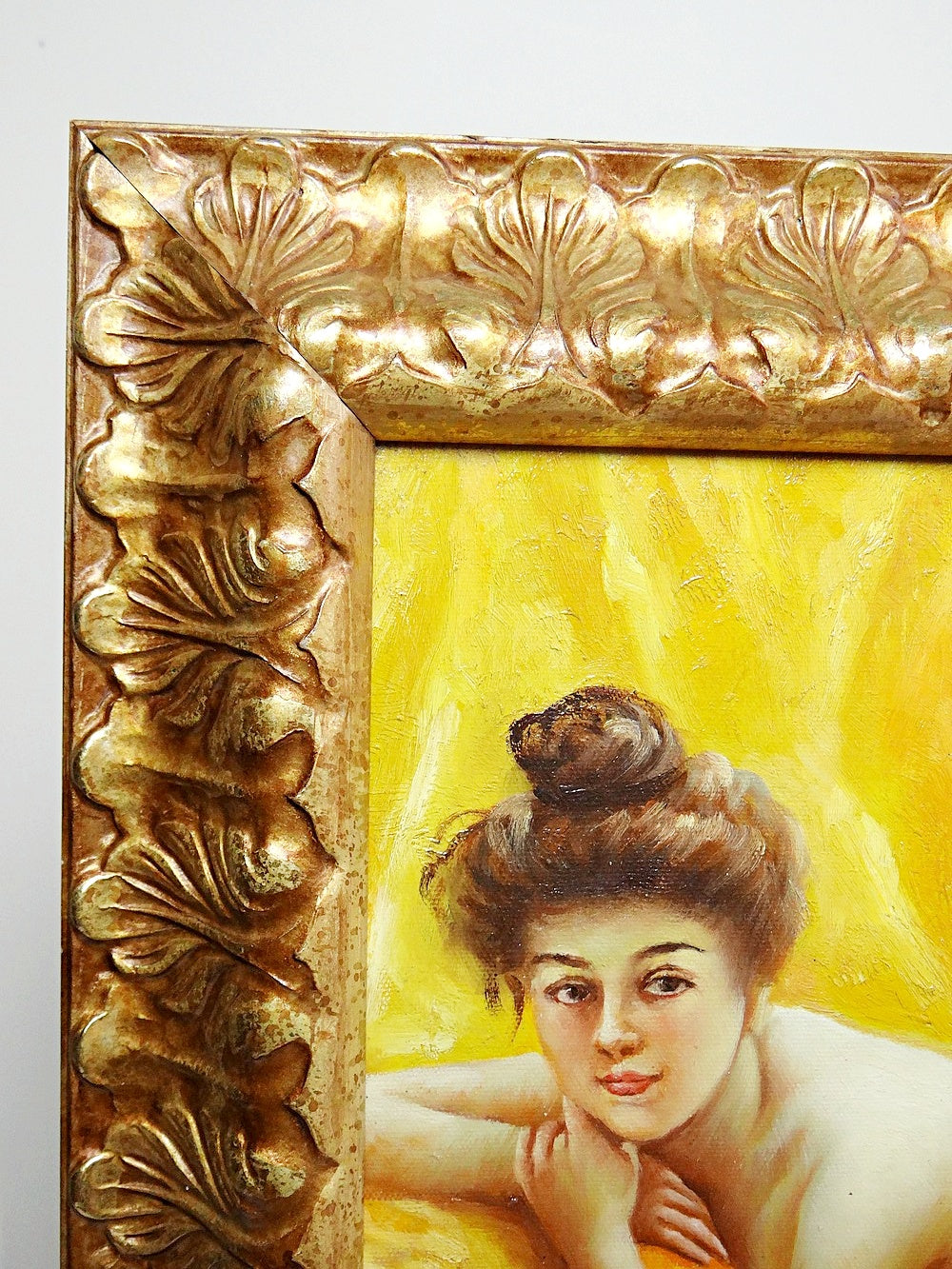 Vintage Gemälde "Nu au coussin" "La paresseuse" von J.Morrie/J.Marrie für Morillo Gelb/Braun