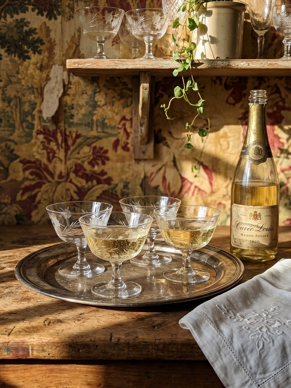 Set von 8 Vintage Champagnerschalen, radgraviertes Glas mit floralem Dekor, Böhmen