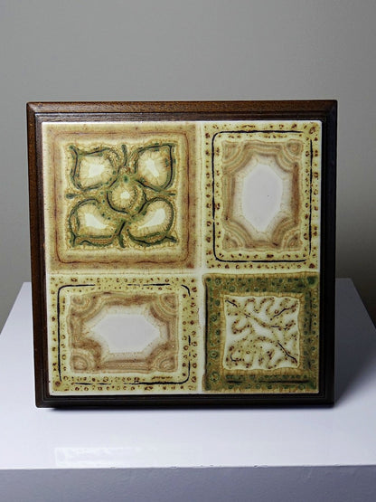 Vintage Untersetzer beige Servieraccessoire aus Keramik und Holz, ca. 1960–1970