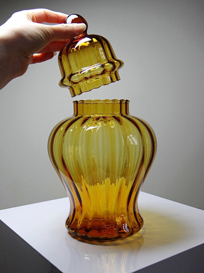 Vintage Bonbonniere aus mundgeblasenem Empoli-Glas, bernsteinfarben, Italien