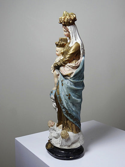 Vintage Religiöse Statue "Notre-Dame des Victoires" aus polychromem Gips