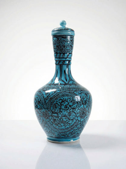 Vintage Vase Iznik Türkis von persisch Schwarzdekor Glasurkeramik