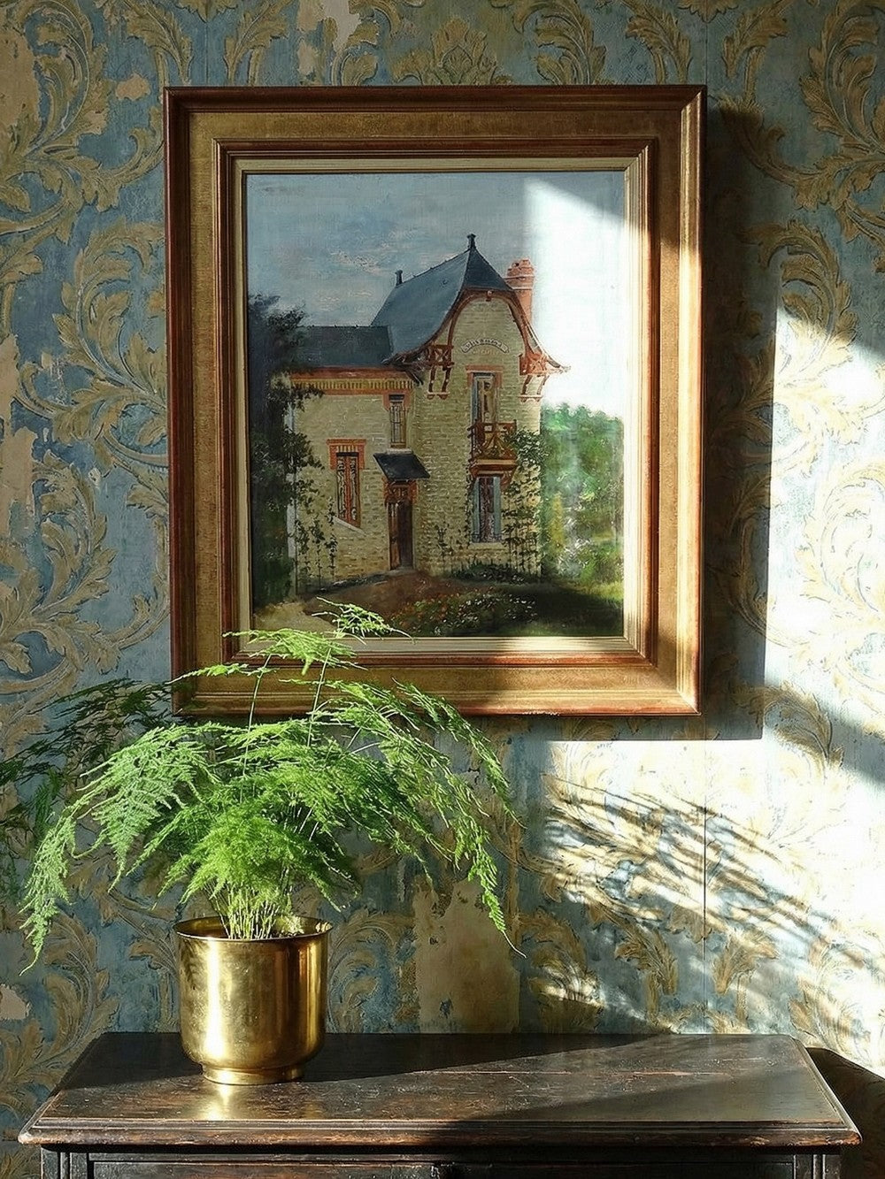 Vintage Gemälde Villa Camille von M. Lesoll für Dekoration beige