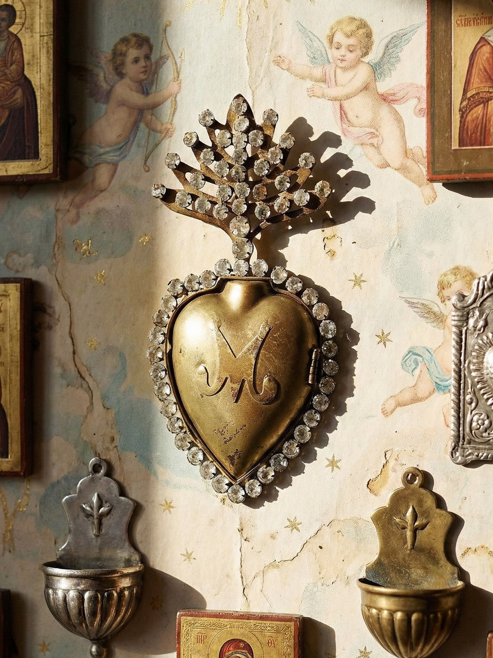 Vintage Dekoration Ex Voto Flammendes Herz der Jungfrau Maria mit Strass