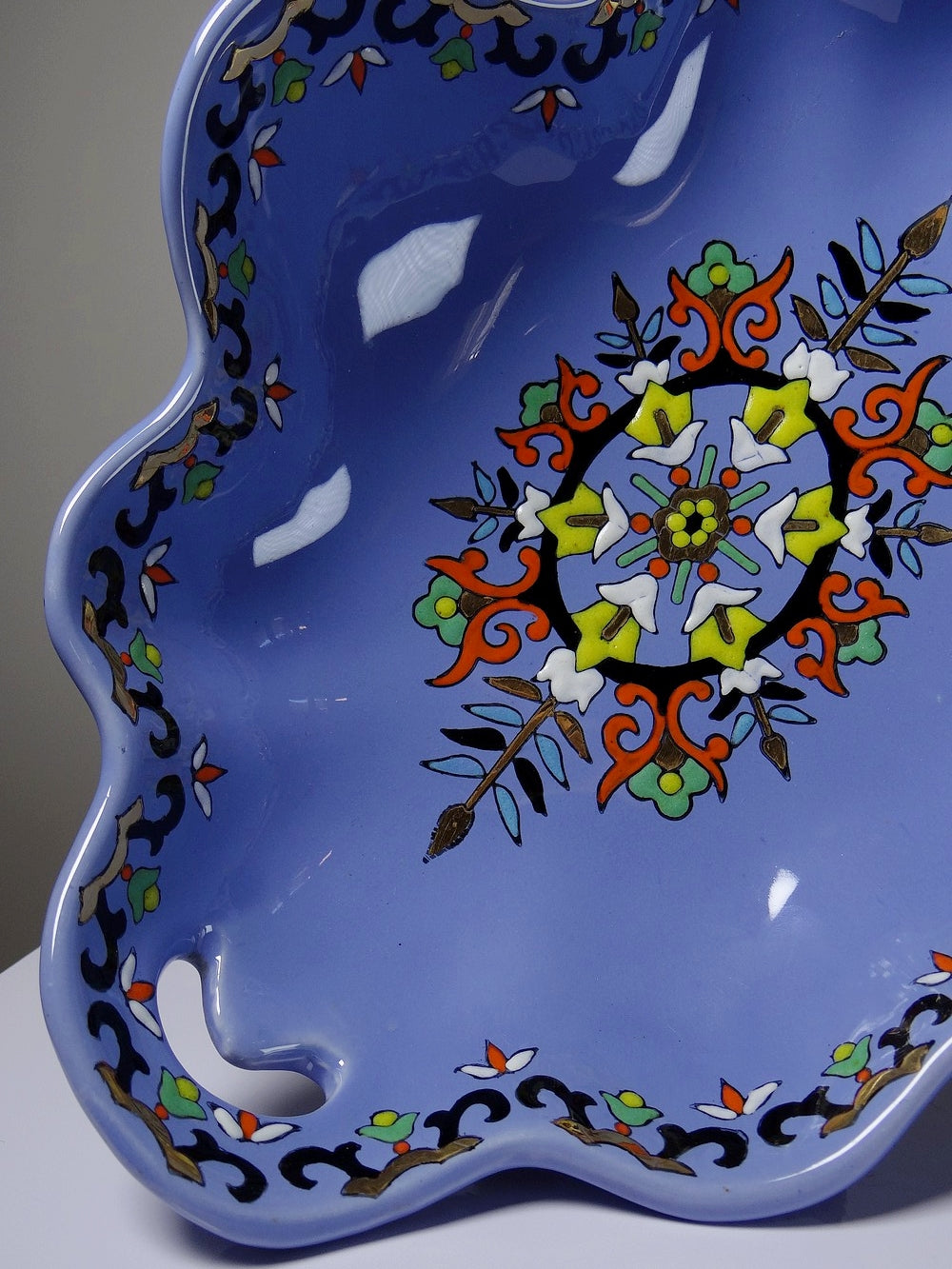 Vintage Schale Châtres von Longwy blau schwarz gold grün weiß orange gelb