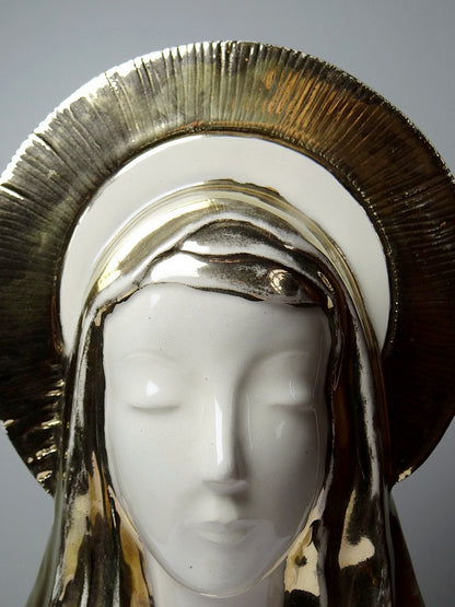Vintage Büste Madonna mit Heiligenschein aus Keramik, emailliert, Weiß Creme Gold