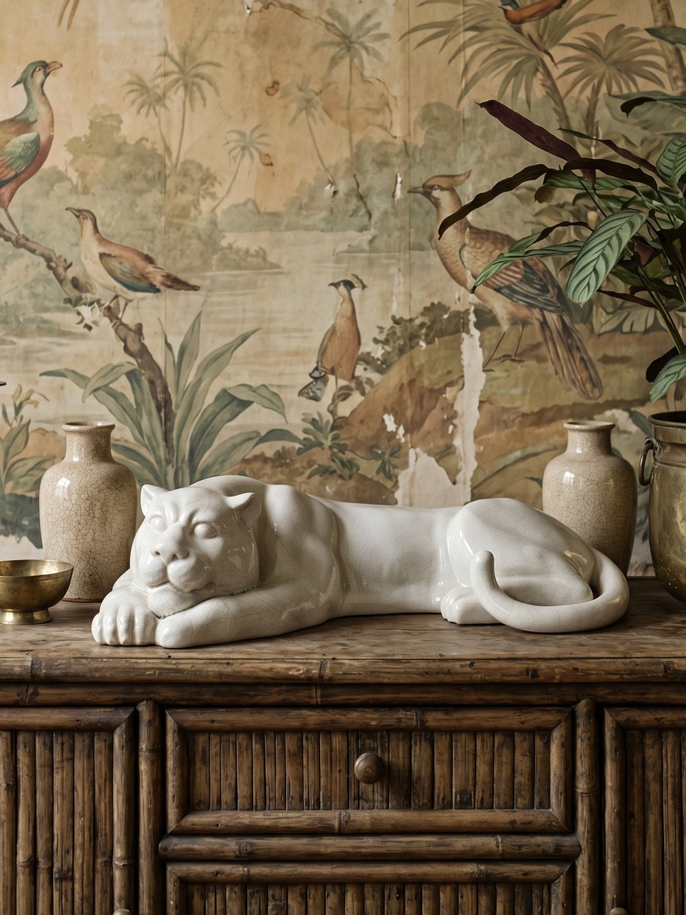 Vintage Panther Figur aus craqueliertem Steingut