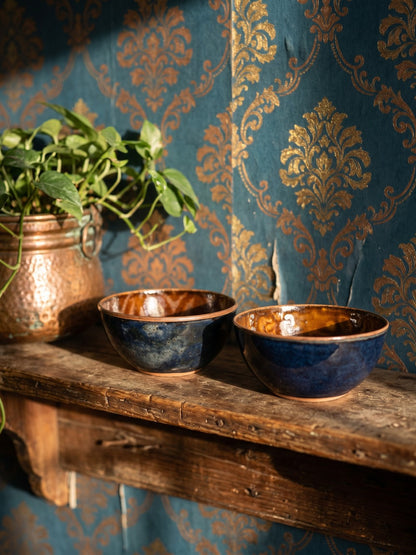 Set von 2 Vintage Schale aus emailliertem Kupfer in Blau und Kupfer
