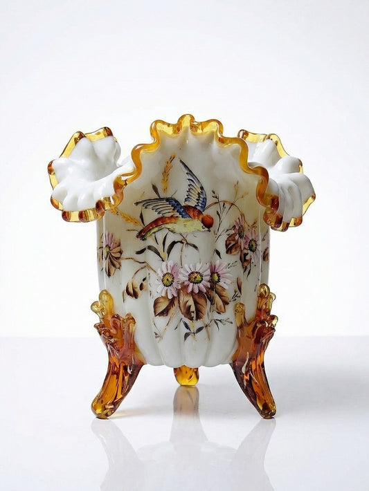 Vintage Vase Tripod aus Opalin Emaille viktorianisch 19. 20. Jh. Beige