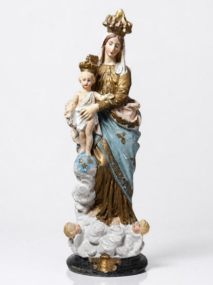 Vintage Religiöse Statue "Notre-Dame des Victoires" aus polychromem Gips