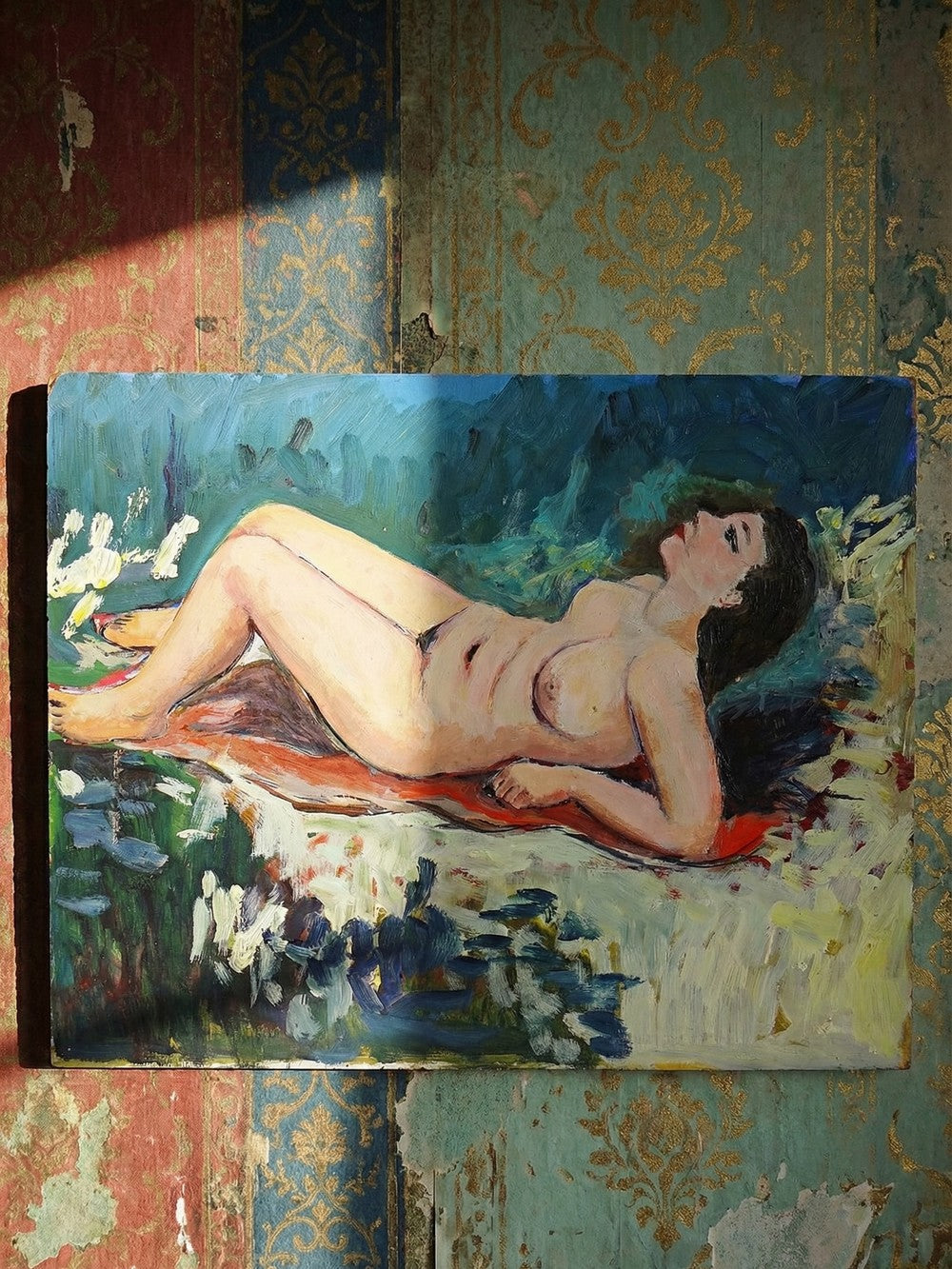 Vintage Gemälde Liegender Frauenakt Öl auf Tafel Blau Rot Grün Hautfarbe