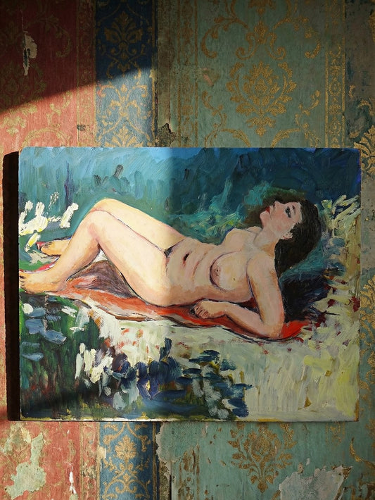 Vintage Gemälde Liegender Frauenakt Öl auf Tafel Blau Rot Grün Hautfarbe