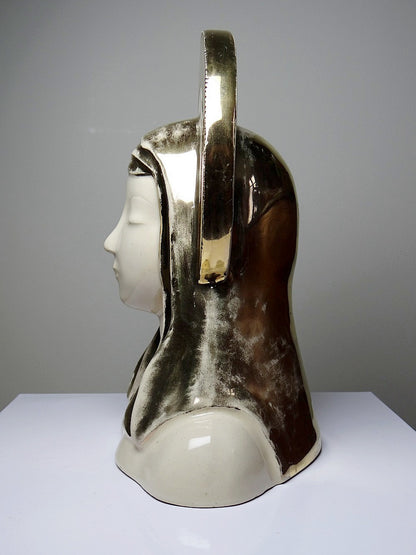 Vintage Büste Madonna mit Heiligenschein aus Keramik, emailliert, Weiß Creme Gold