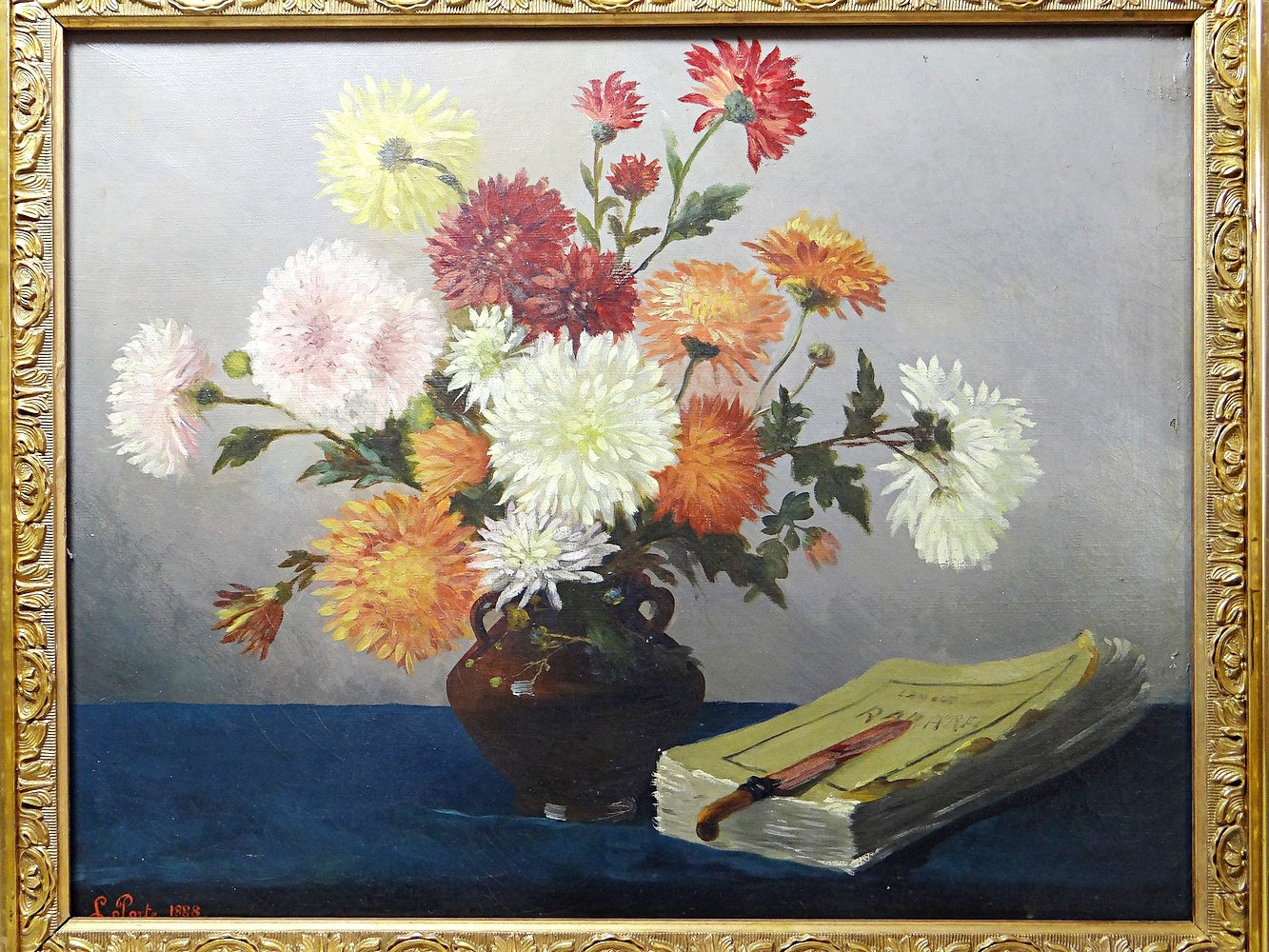 Vintage Gemälde Stillleben mit Chrysanthemen von L. Porte für BraunDekoration signiert 1888