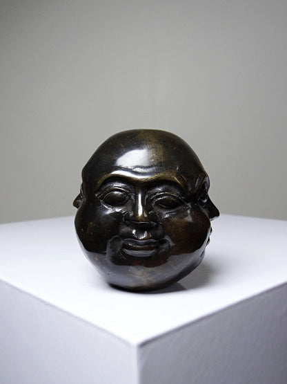 Vintage Buddha Kopf viergesichtig aus patiniertem Messing dunkelbraun gold Asien