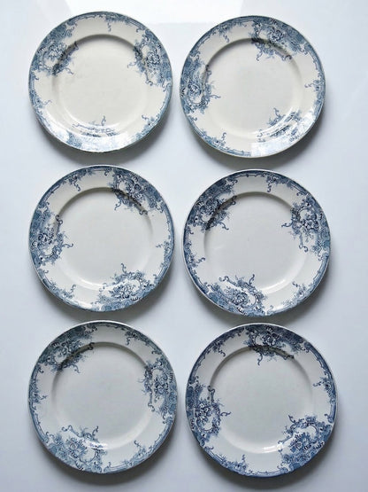 Vintage Teller Dauphin von Boch Frères Keramis blaues Dekor Set von 6
