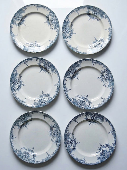 Vintage Teller Dauphin von Boch Frères Keramis blaues Dekor Set von 6