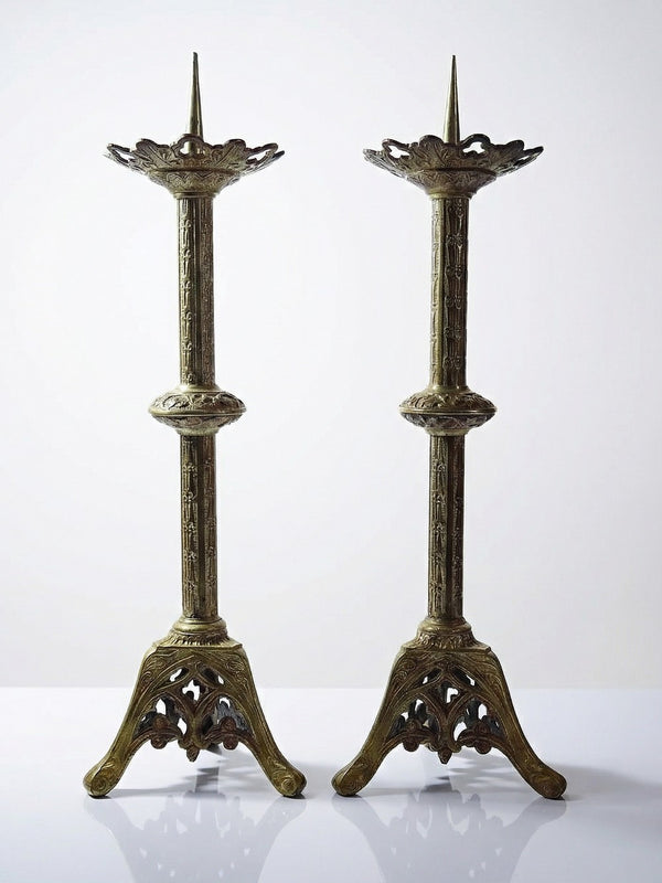Vintage Kerzenleuchter Set von 2 Bronze vergoldet Gothic Stil XIXe Gold Vintage Dekoration