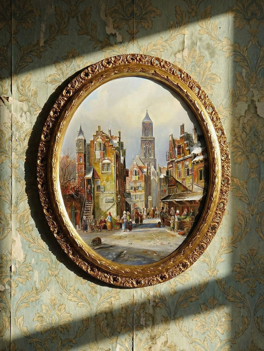 Vintage Gemälde von John Haanstra für MulticolorDekoration, Stadtwinter Szene, Öl auf Holz, gerahmt