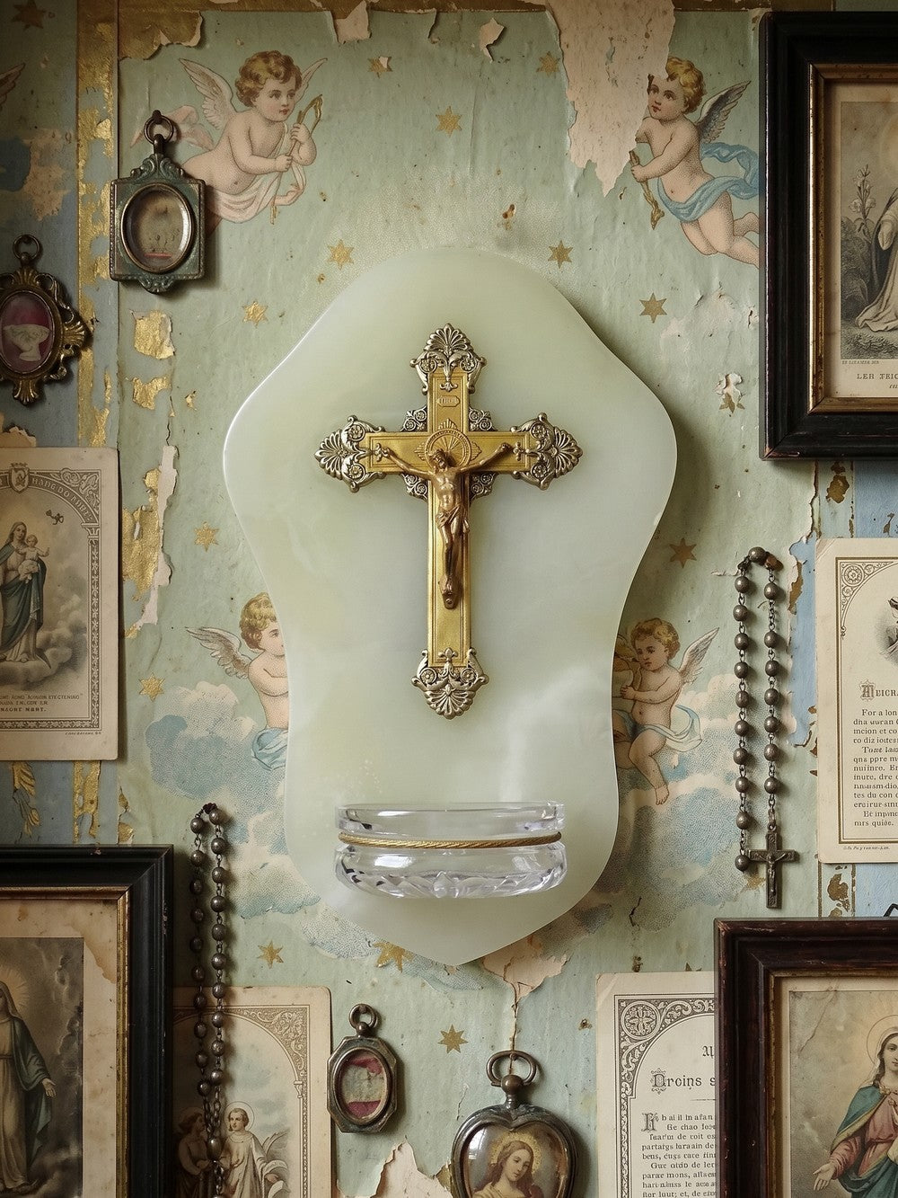 Vintage Wandweihwasserbecken aus grünem Onyx mit Kruzifix aus Metall und geschliffenem Glas