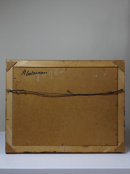 Vintage Gemälde Dorfszene auf Holztafel gerahmt