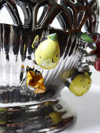 Vintage Servierschale aus silberglasierter Porzellan mit Durchbruchdekor Früchte Blumen