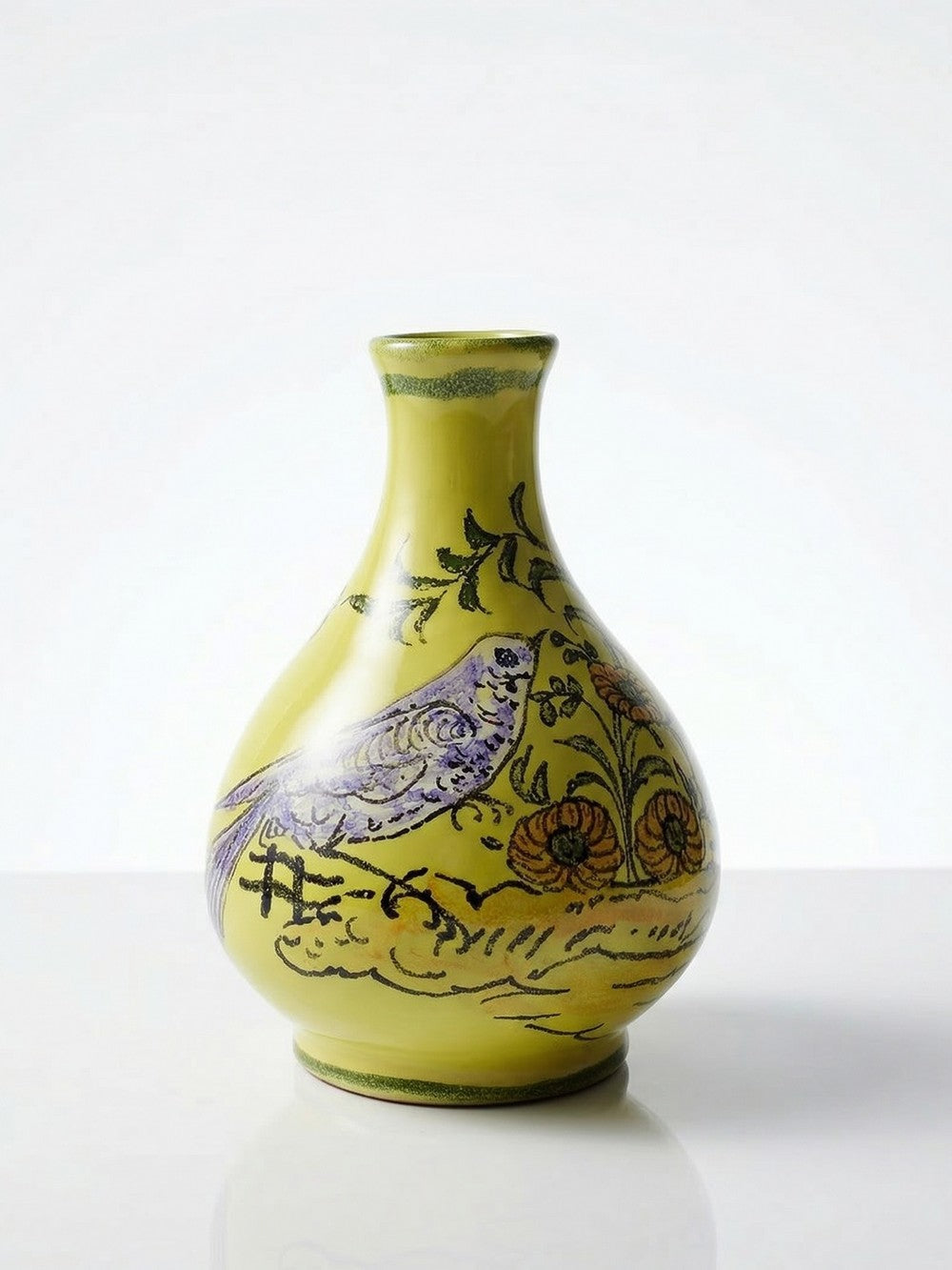 Vintage Vase von Henri Siffre für Montpellier, Vogel-Dekor, gelb-lila-orange-grün-schwarz