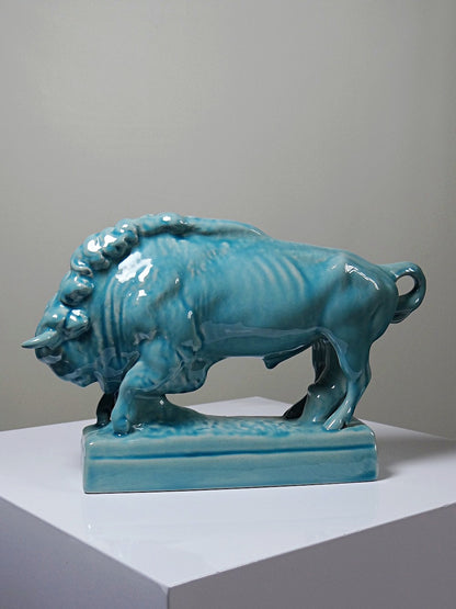 Vintage Bison Skulptur von Zsolnay aus türkis glasierter Keramik