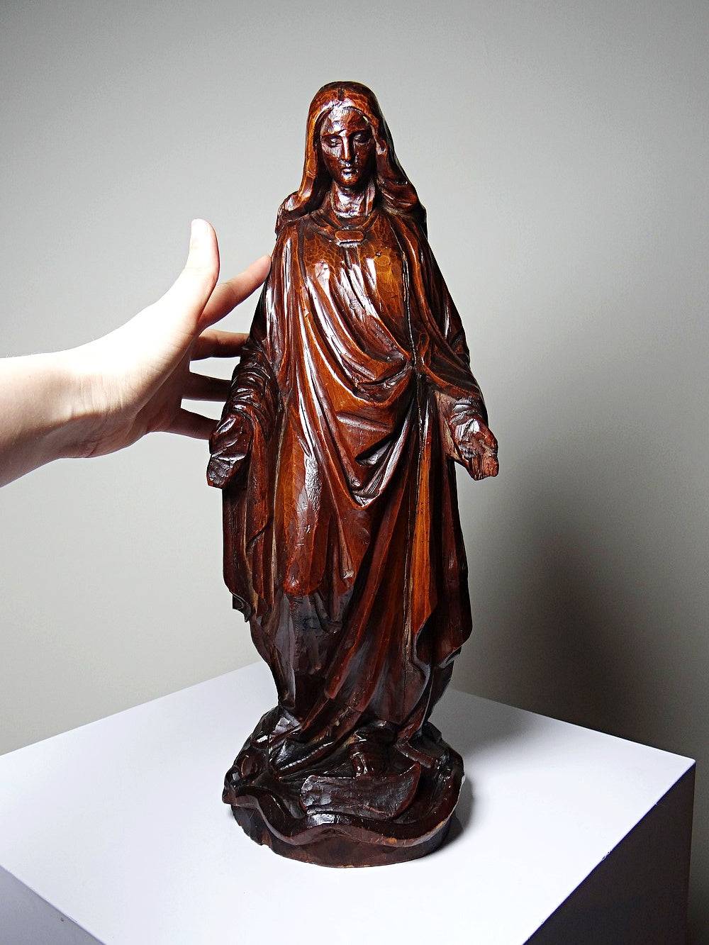 Vintage Skulptur Immaculée Conception Holz geschnitzt Unbefleckte Empfängnis Braun Bordeaux