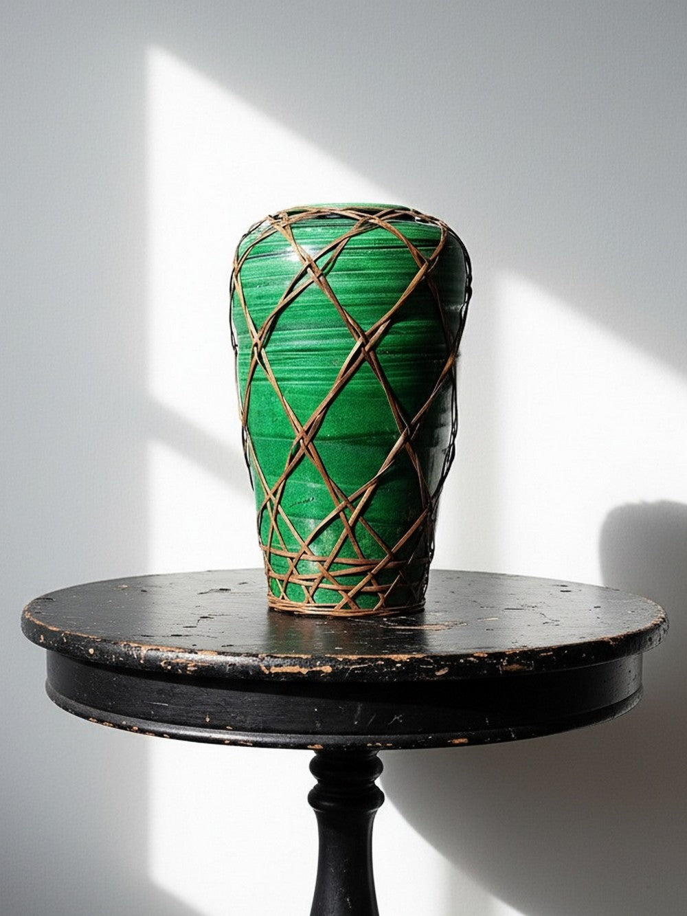Vintage Vase Awaji-yaki mit Bambusflechtung Japan 1900-1930