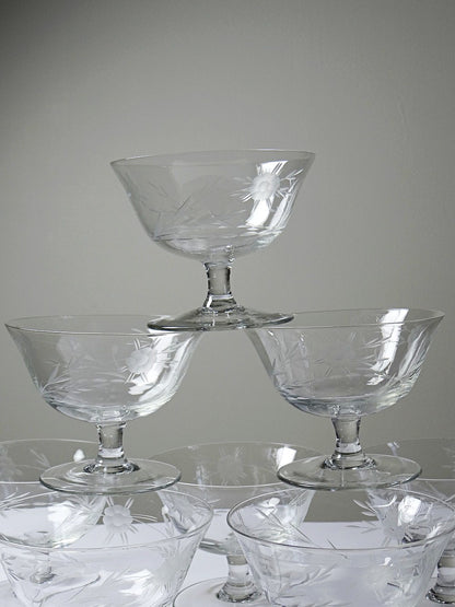 Set von 8 Vintage Champagnerschalen, radgraviertes Glas mit floralem Dekor, Böhmen