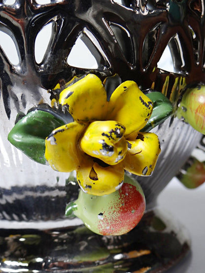 Vintage Servierschale aus silberglasierter Porzellan mit Durchbruchdekor Früchte Blumen
