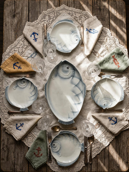 Vintage Fischservice aus tschechoslowakischem Steingut, 6 Teller und eine Platte