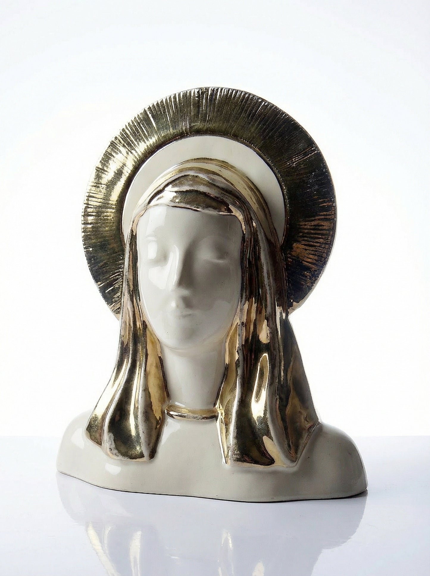 Vintage Büste Madonna mit Heiligenschein aus Keramik, emailliert, Weiß Creme Gold