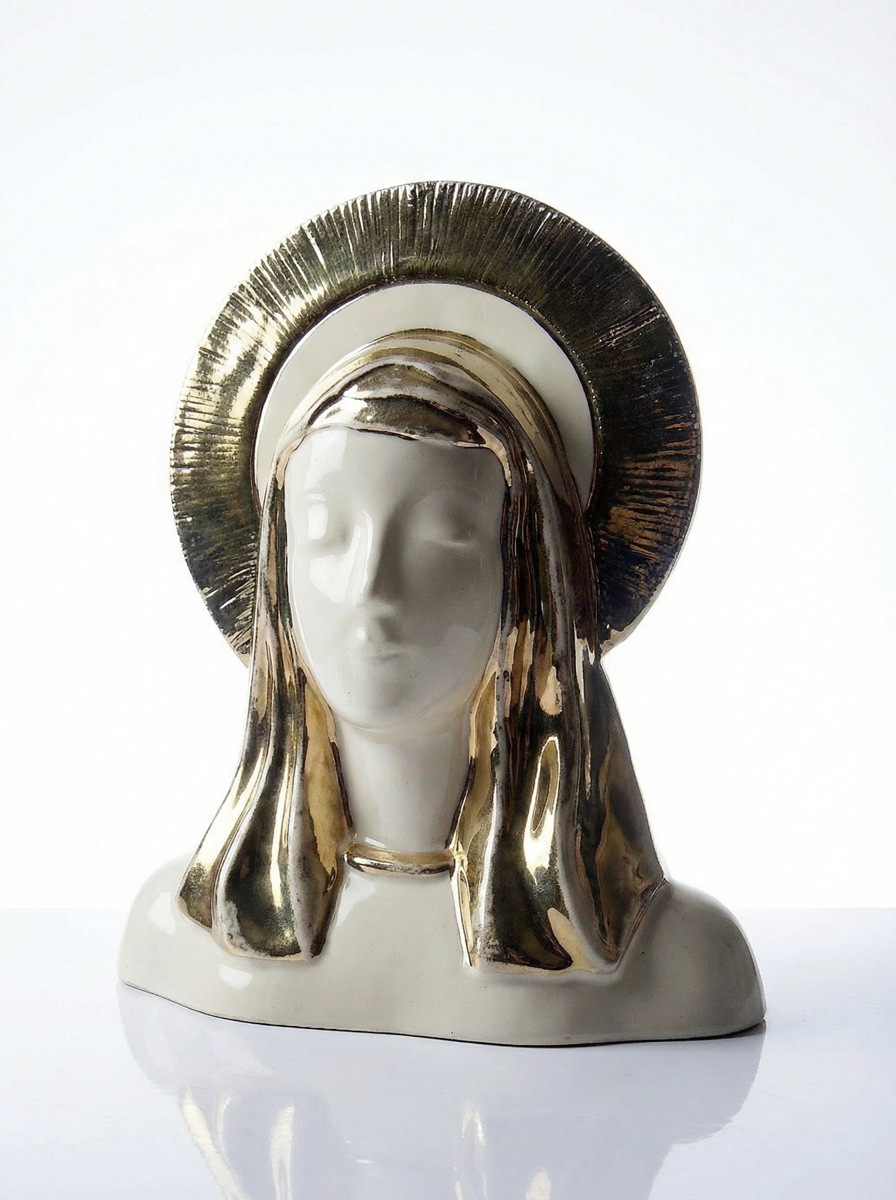 Vintage Büste Madonna mit Heiligenschein aus Keramik, emailliert, Weiß Creme Gold