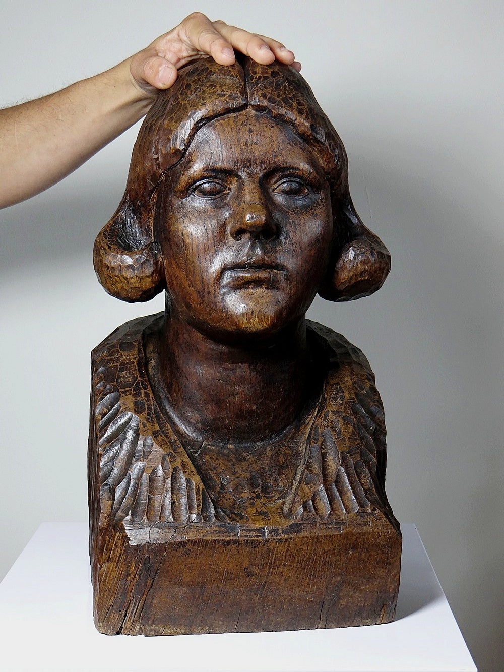 Vintage Büste Frau Massivholz, 19. Jh. dunkles Holz geschnitzt, Unikat
