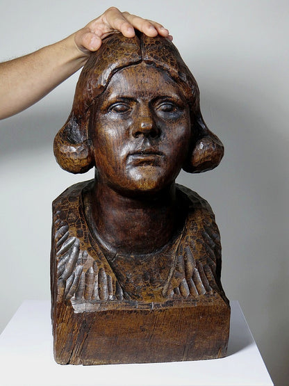 Vintage Büste Frau Massivholz, 19. Jh. dunkles Holz geschnitzt, Unikat