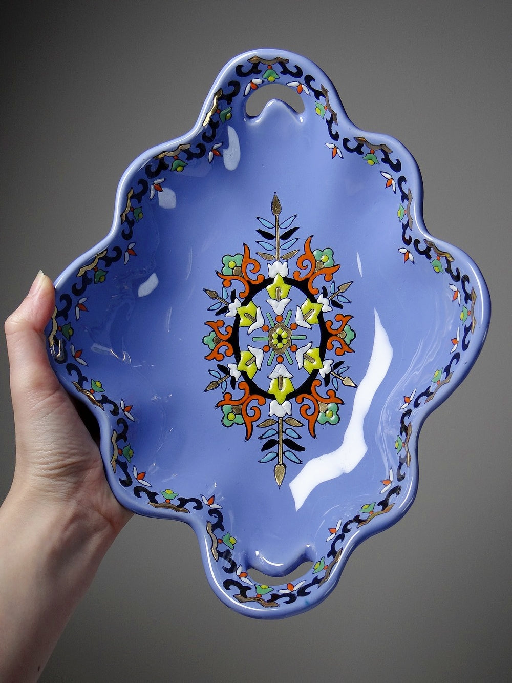 Vintage Schale Châtres von Longwy blau schwarz gold grün weiß orange gelb