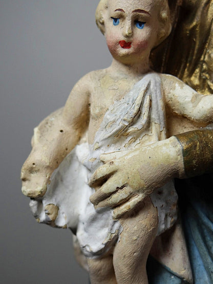 Vintage Religiöse Statue "Notre-Dame des Victoires" aus polychromem Gips
