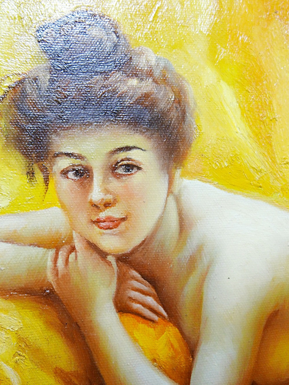 Vintage Gemälde "Nu au coussin" "La paresseuse" von J.Morrie/J.Marrie für Morillo Gelb/Braun