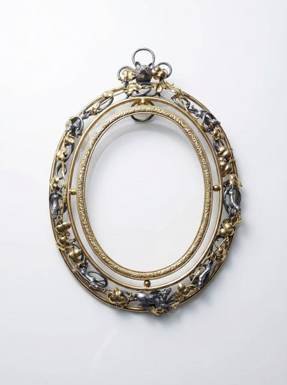 Vintage Wandrahmen Art Nouveau mit Jagdszene Gold Silber dunkelblau Dekor Metall Messing Zinn