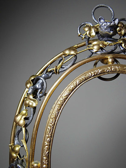 Vintage Wandrahmen Art Nouveau mit Jagdszene Gold Silber dunkelblau Dekor Metall Messing Zinn