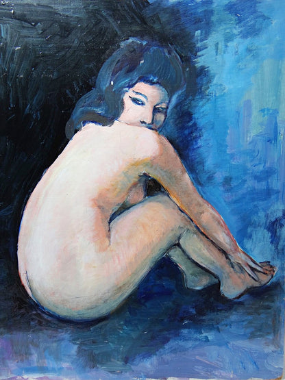 Vintage Gemälde Akt Frau von hinten Ölgemälde auf Platte 50er 60er Jahre 61x50cm