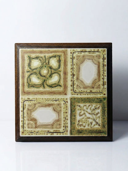 Vintage Untersetzer beige Servieraccessoire aus Keramik und Holz, ca. 1960–1970