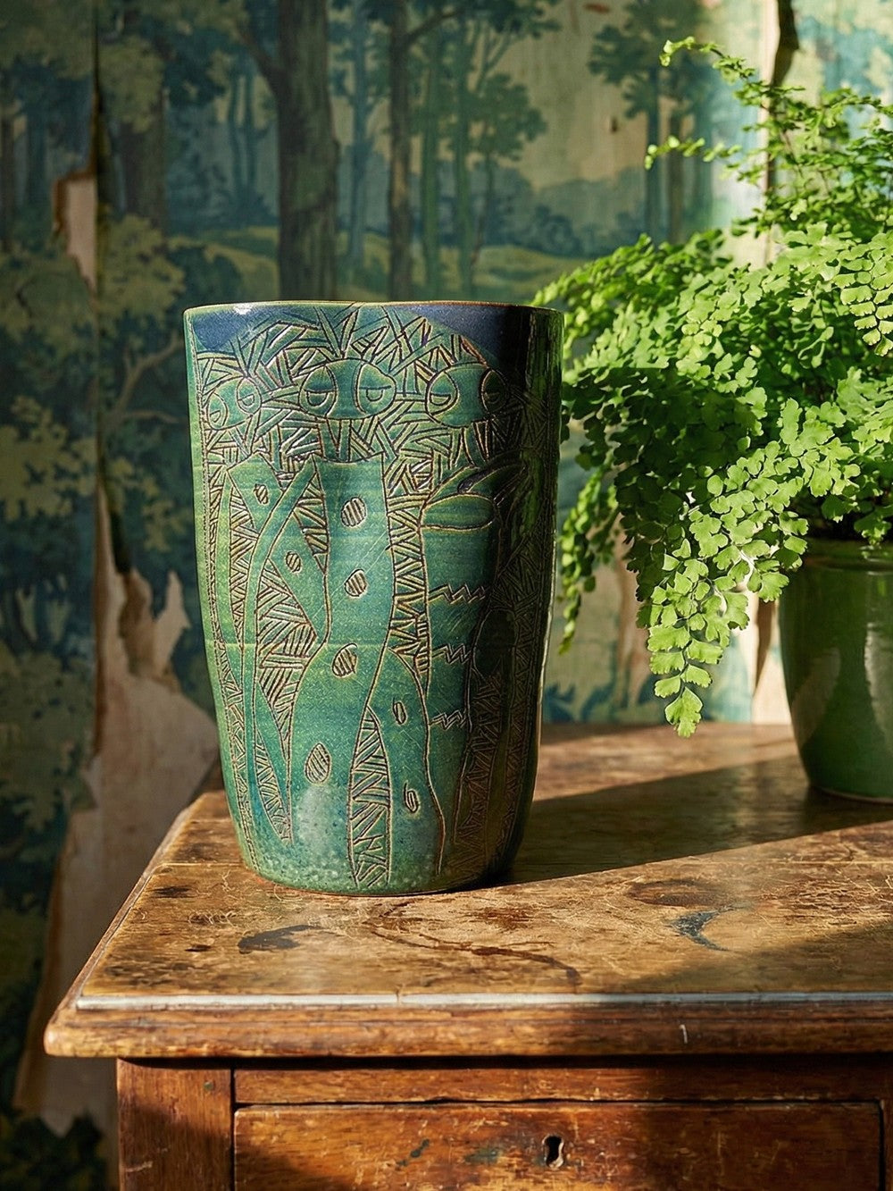 Vintage Vase von Eseka für Eseka Pottery blaugrün mit tribal graviertem Dekor