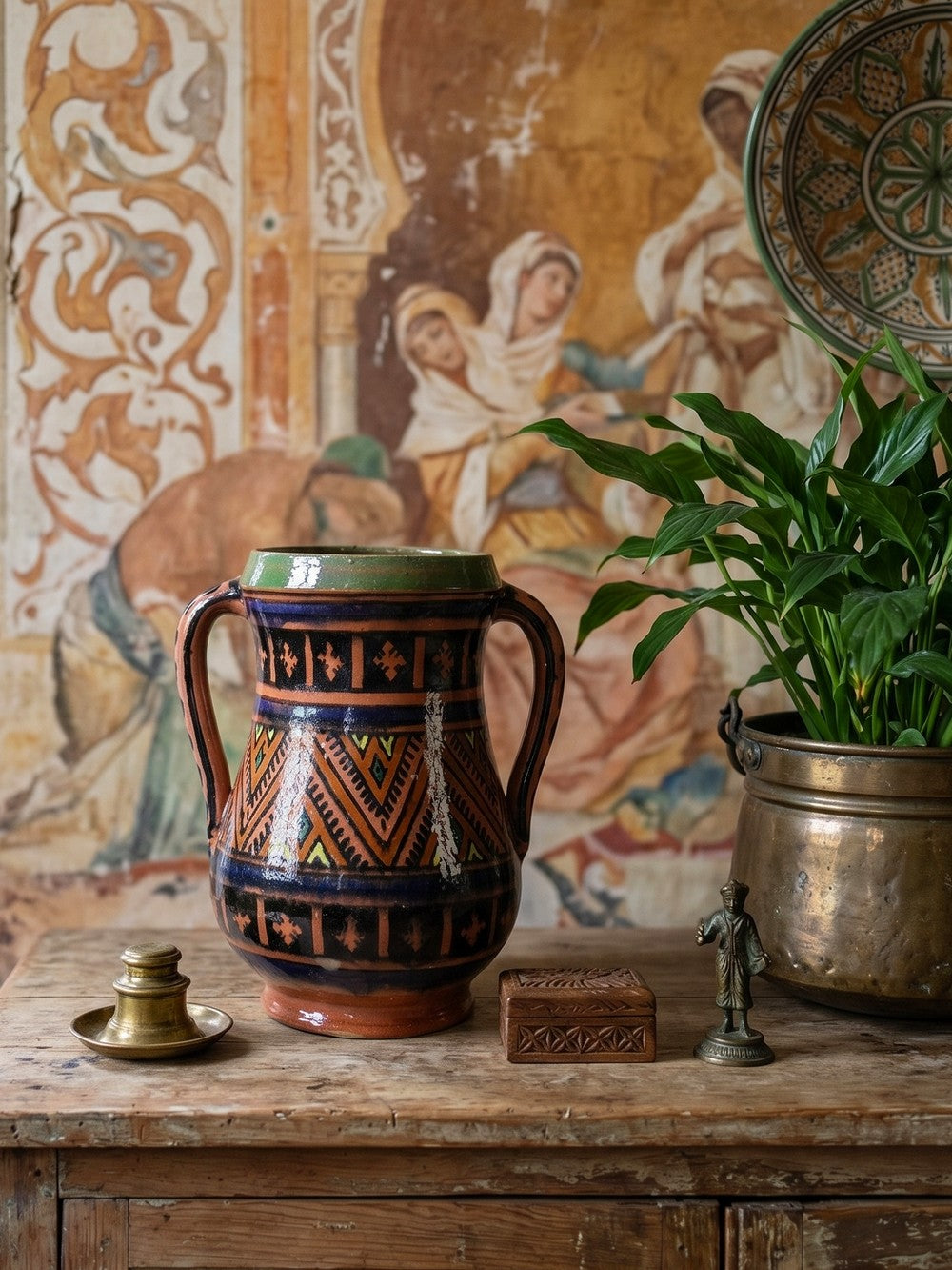 Vintage Vase Safi aus Terrakotta polychrom mit zwei Henkeln