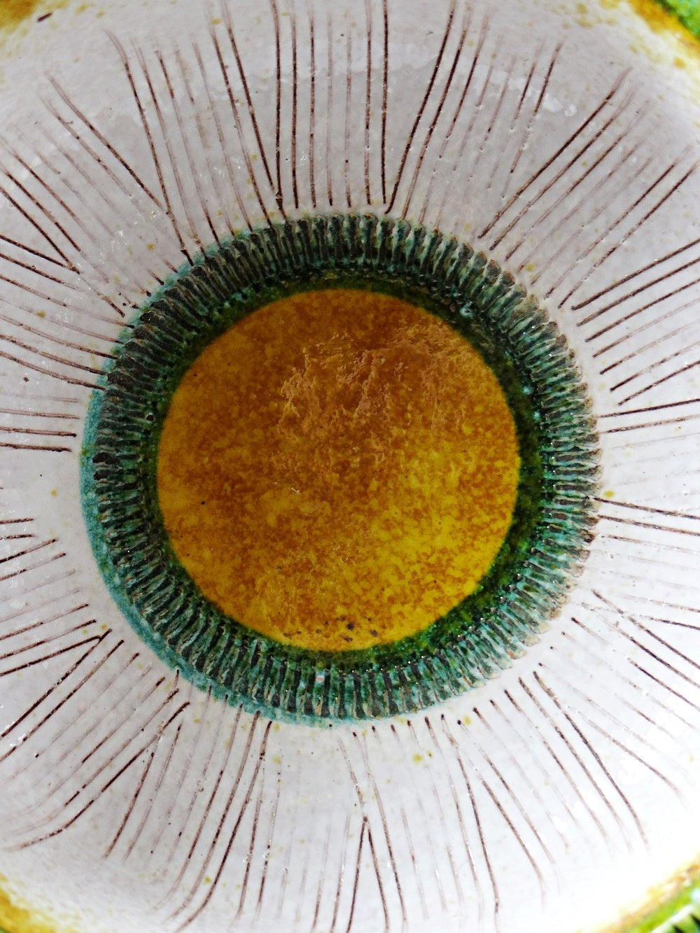 Vintage Keramikschüssel mit Schuppenmuster, Gelb Grün Weiß Ocker, Italien 1950er-60er