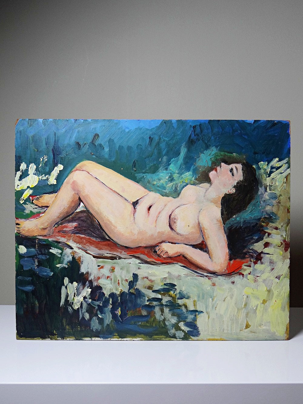 Vintage Gemälde Liegender Frauenakt Öl auf Tafel Blau Rot Grün Hautfarbe