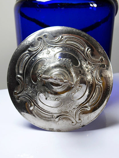 Vintage Bonbonniere blaues Kobaltglas versilbertes Metall