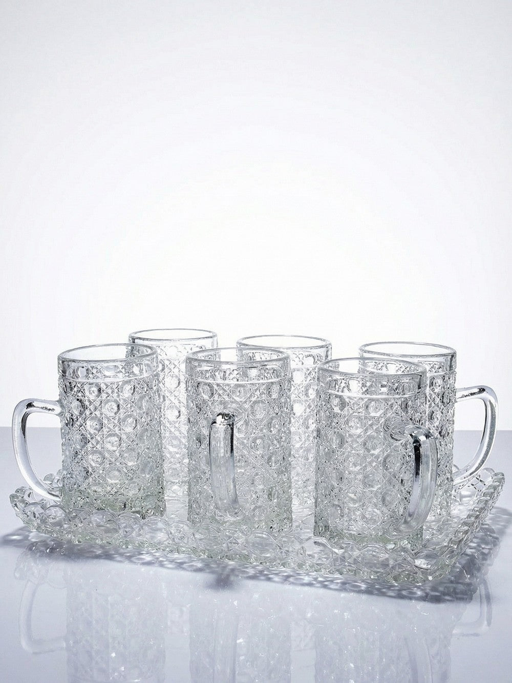 Vintage Set von 6 Glasbecher mit Tablett Art Déco Durchsichtiges Geschirr